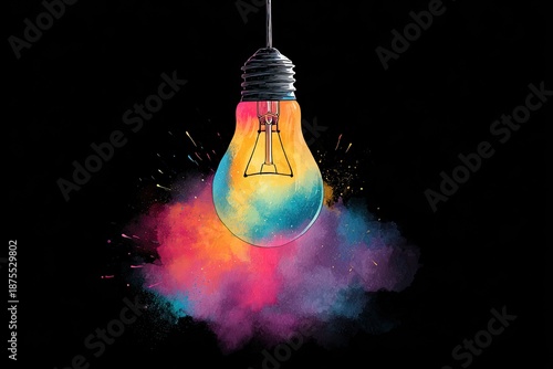 Colorful lightbulb with exploding hues on a stark black background, symbolizing ideas