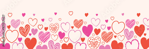 Banner with cute cartoon floating hearts. Background with hand drawn shapes. Doodles. Design for Valentine’s Day, Mother’s Day and Women’s Day. Vector illustration