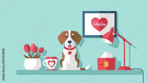 Adorable dog with Valentine's Day decor on a shelf