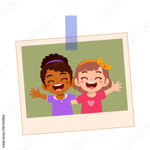 Two happy diverse young girls smiling broadly with arms open showing joy and friendship in a cartoon photo