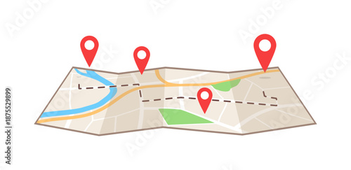 Detailed illustration of a paper map showing a journey route with multiple red location pins markers for navigation