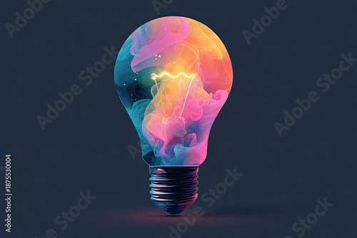 A lightbulb silhouette filled with colorful, swirling, ethereal clouds and a glowing filament