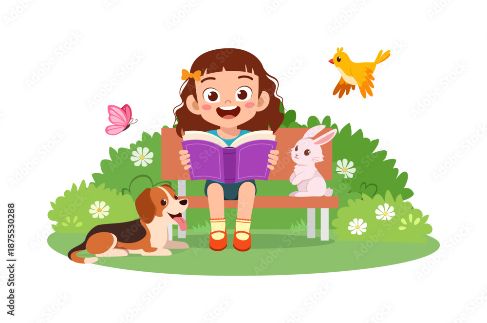 Obraz premium Happy smiling little girl reading a purple book on a park bench with dog rabbit butterfly and bird around her
