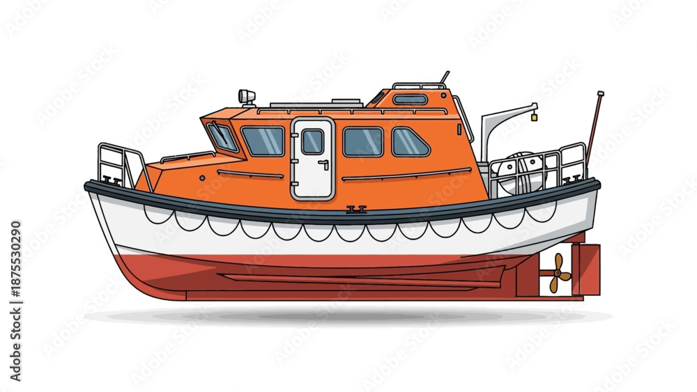 Fototapeta premium An illustration of a rescue boat sailing on calm waters from a side viewpoint