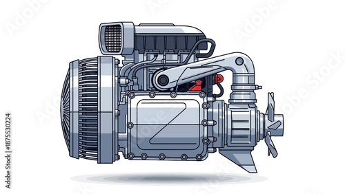 Detailed illustration of a complex engine mechanism viewed from the side