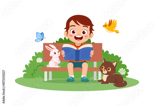 Happy boy reading a book on park bench with a big smile surrounded by nature and friendly animals