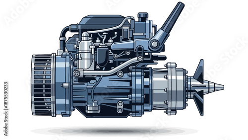 Detailed illustration of an outboard motor engine with mechanical components and propeller viewed from the side