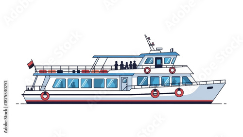 Illustration of a large white cruise ship with people on the deck sailing in the ocean viewed from the side