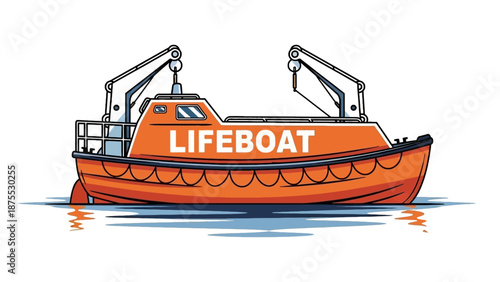 Rescue Lifeboat Sails Across Calm Waters with Cranes Deployed in a Serene Sea Environment