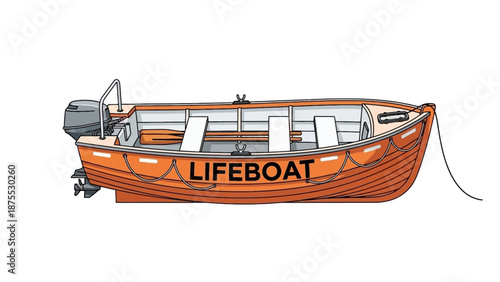 An orange lifeboat with a motor is depicted on a white background with the word LIFEBOAT written on its side