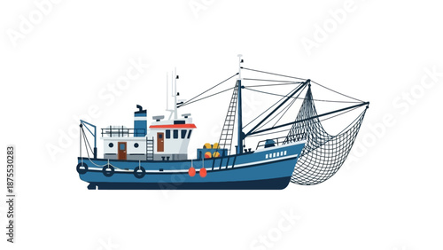 A blue fishing boat with nets sailing on the ocean from a side viewpoint