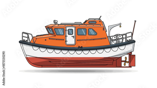An illustration of a rescue boat sailing on calm waters from a side viewpoint