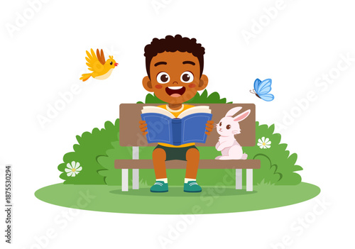 Happy African American boy happily reading a book on a park bench with a rabbit bird and butterfly