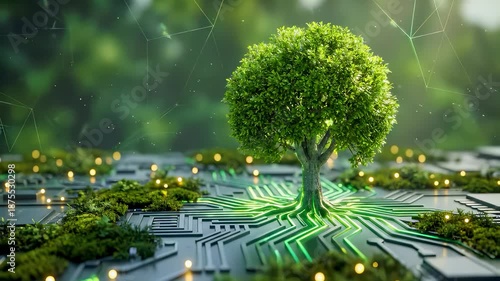 Green technology tree growing from circuit board symbolizing sustainability, eco innovation, digital nature, and renewable technology concept with copy space area