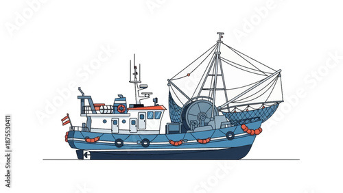Fishing vessel sailing on the ocean with nets and equipment on deck