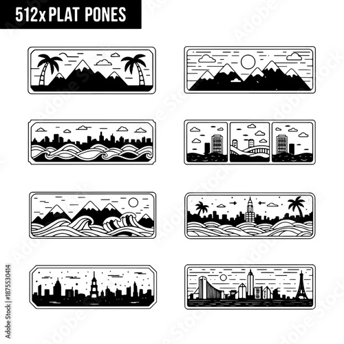 Vector set of vintage design elements and frames featuring a nautical silhouette illustration of a cruise ship and military submarine vessel for sea transport and travel