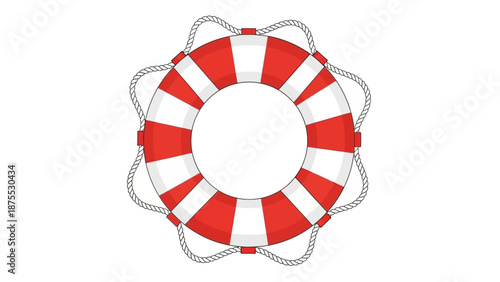 A striped red and white lifebuoy floating on calm waters viewed from directly above