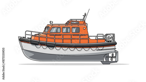 Rescue boat sailing through calm waters viewed from the side in a detailed illustration