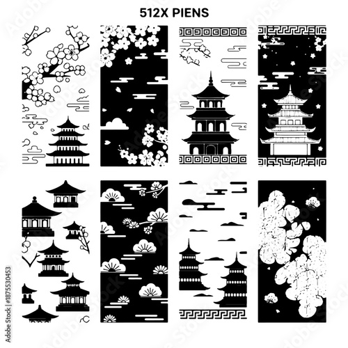 Vector illustration of a traditional ancient Japanese temple building design featuring a black silhouette landmark symbol for travel and tourism art