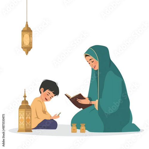 Islamic mother teaches her son about faith and devotion while they are illuminated by the warm glow of traditional lanterns, fostering a sense of peace and spiritual connection
