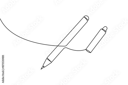 A minimalist continuous line drawing of a ballpoint pen with a cap. This clean vector illustration is perfect for business, education, and stationery design themes on a white background.