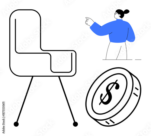 Office ergonomics, financial stability, savings management, business analysis, workplace planning, professional decor. Minimalist chair, coin symbol and person pointing. Office ergonomics