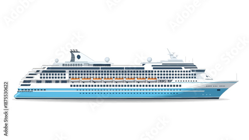 A large cruise ship sailing through the ocean with multiple decks and windows