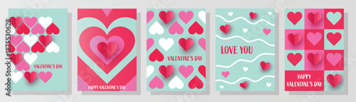 Valentine’s Day greeting card set with paper cut heart. Abstract design. Vector illustration