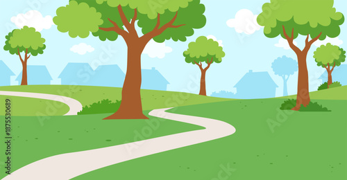 Peaceful Green Park Landscape with Winding Paths Trees and Distant Suburban Houses on a Sunny Day