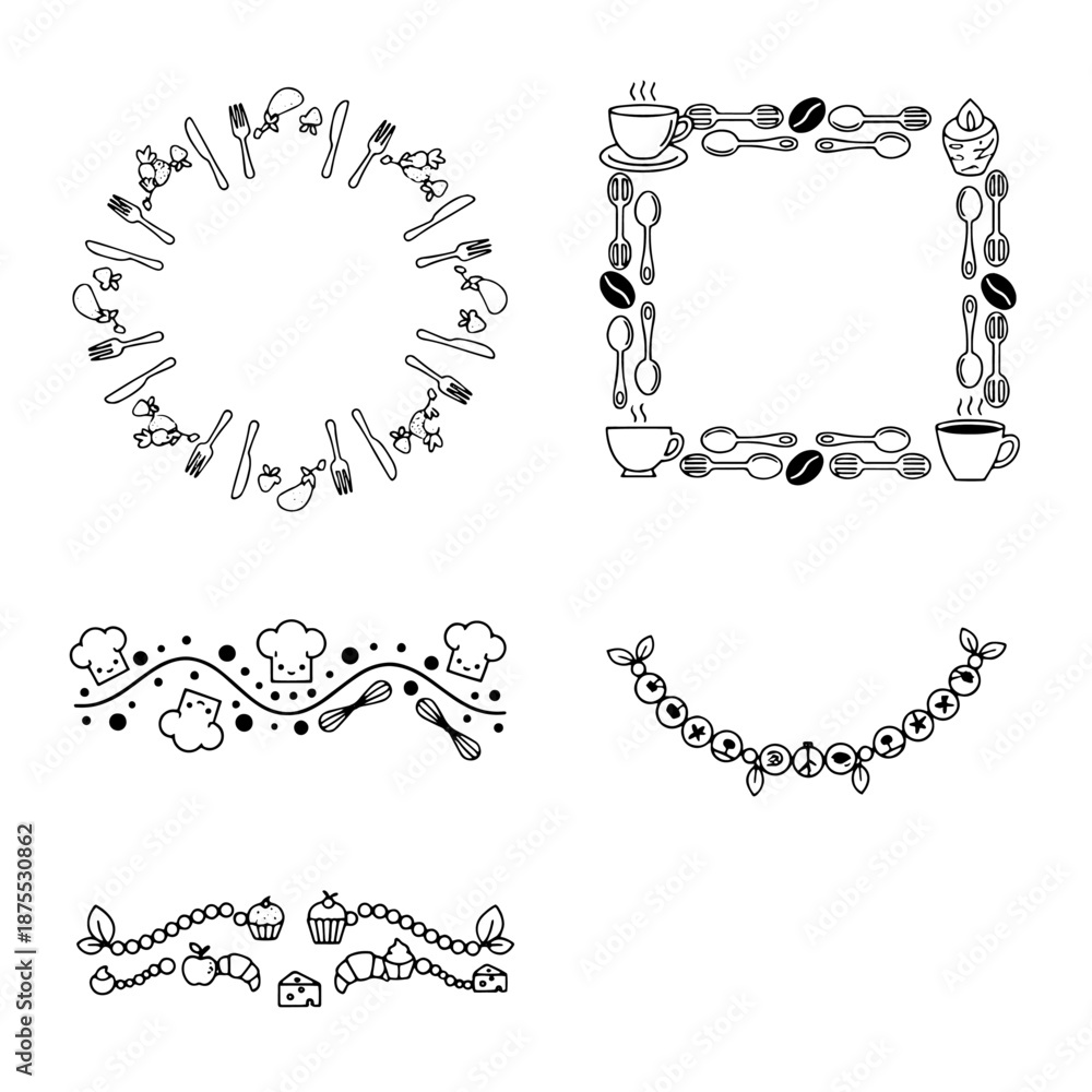 Obraz premium Culinary Frameworks: A selection of artful, hand-drawn design elements for food-related projects. From circular cutlery arrangements to rectangular coffee and utensil borders.
