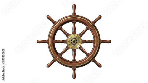 Vintage wooden ship wheel with brass hub isolated on a clean background