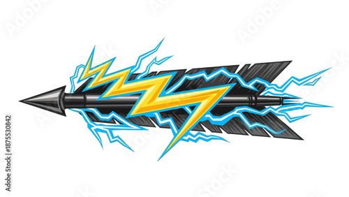 A sleek black arrow with a vibrant yellow lightning bolt and electric blue sparks flying through the air
