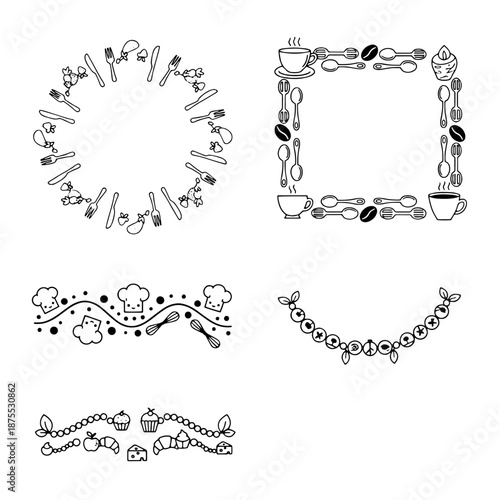Culinary Frameworks: A selection of artful, hand-drawn design elements for food-related projects. From circular cutlery arrangements to rectangular coffee and utensil borders.
