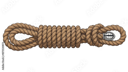 A brown rope illustration with twisted texture and metal rings isolated on white background
