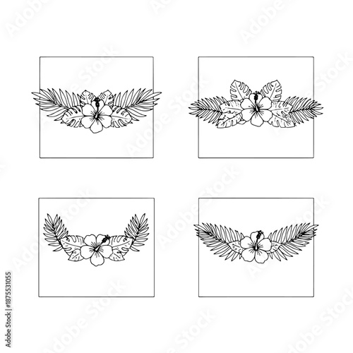 Tropical Floral Embellishment: A set of four elegant floral arrangements with tropical flowers, enclosed in square frames, ready to add a touch of nature's beauty to any design. 