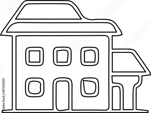 Simple house structure outline sketch with multi pane windows and an attached smaller wing for residential property concept