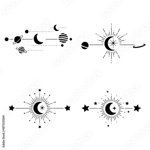 Celestial Collection: Four ethereal designs featuring cosmic elements like the moon, sun, planets, and stars, perfect for adding a touch of celestial magic to any project.