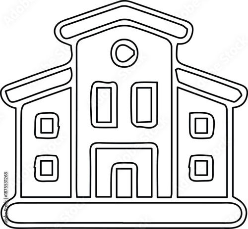 School building or public library icon featuring symmetrical architecture with gabled roofs and classic educational facility windows for student learning and community institution design asset