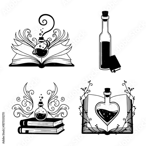 Whimsical Alchemy: A captivating array of alchemical illustrations, featuring spell books, vials of magical potion, and intricate decorative elements that evoke a sense of mystery and enchantment.