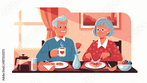 Elderly couple sharing affectionate breakfast, symbolizing enduring love and devotion