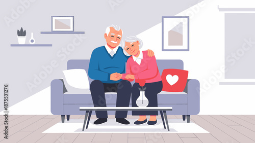 Elderly couple embracing on a sofa in a warm, inviting living room