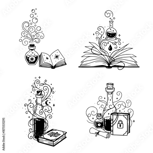 Magical Ink Drawing with Potions and Books: A captivating ink drawing showcases a set of four mystical illustrations, each featuring ornate potion bottles paired with spellbinding books.