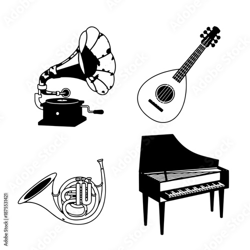Musical Instruments: A visual symphony showcasing classic instruments. A gramophone, mandolin, French horn, and piano elegantly stand in monochrome contrast.