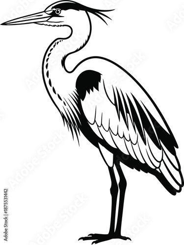 A black and white illustration of a heron standing on one leg