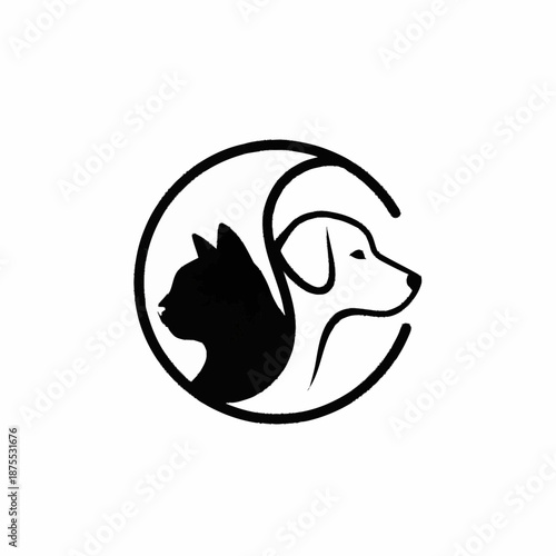 Black and white yin yang symbol with cat and dog silhouettes.