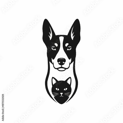 Stylized black and white illustration of a dog and cat head.