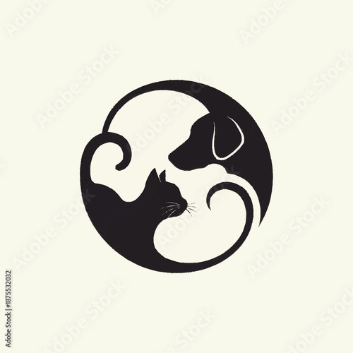 Stylized black cat and dog in a circular yin yang design.
