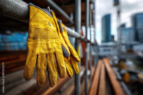 Pair of yellow work gloves hanging on metal scaffolding with blurred urban backdrop