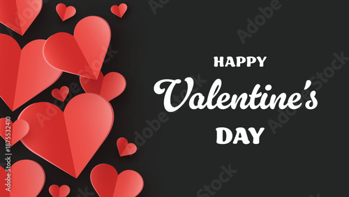 Valentine’s Day greeting card with floating paper cut hearts. Abstract background design. Vector illustration