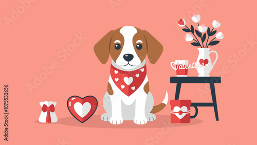 Cute puppy with Valentine's Day decorations